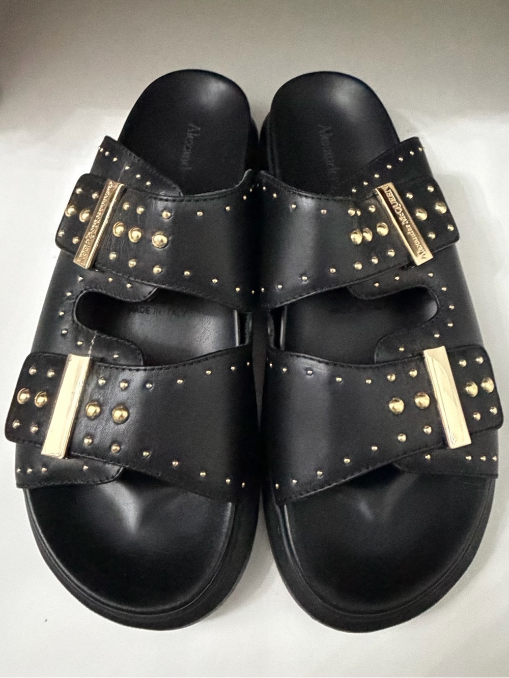 Alexander McQueen Black Studded Double-Buckle Slides with Gold Accents